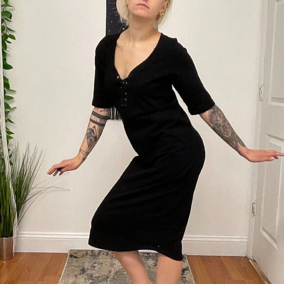 Monrow Mommy Jersey Lace-Up Midi Dress Short Sleeve Size L Black - Picture 8 of 16